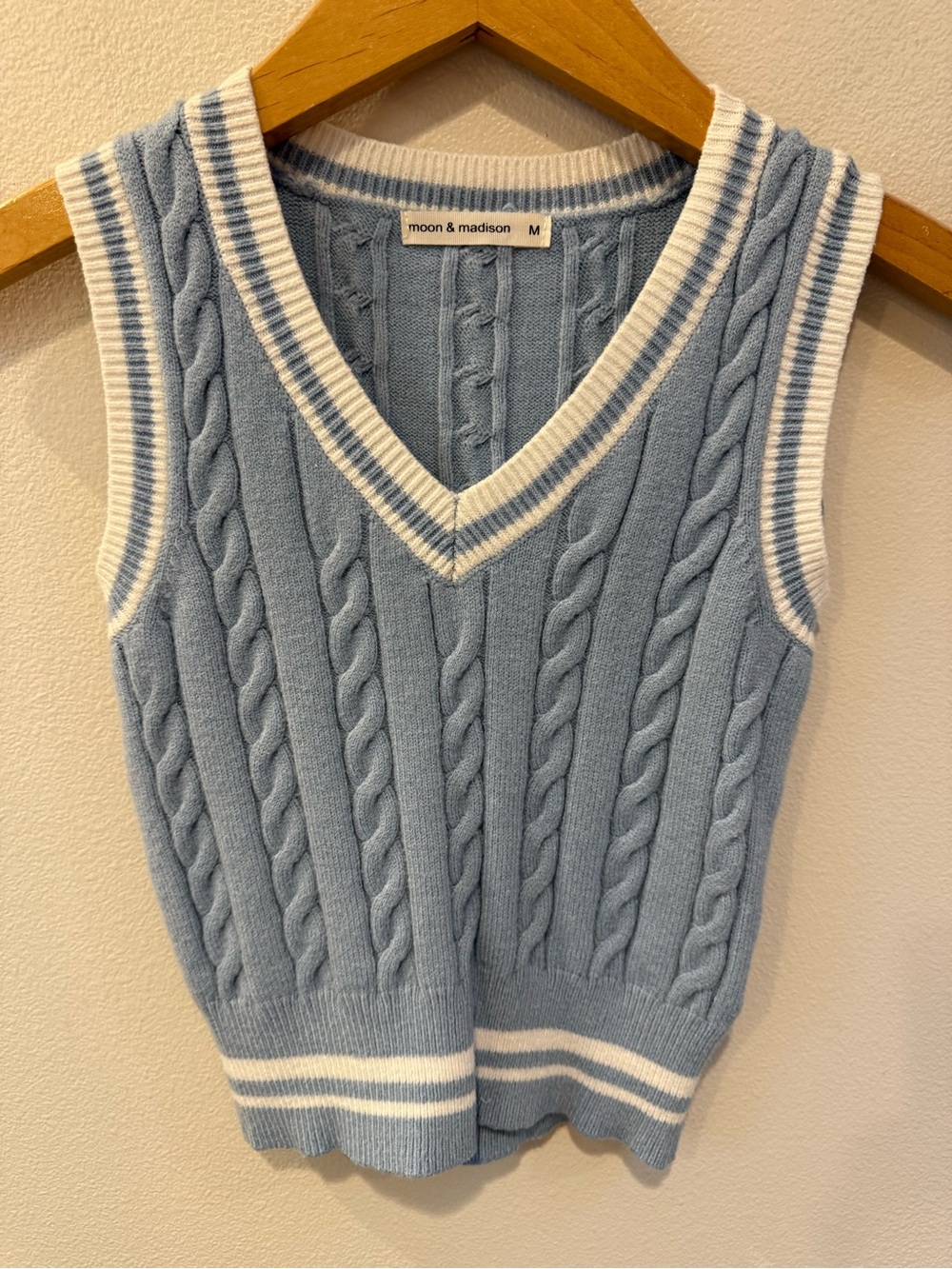 moon & madison Powder Blue Cable Knit V-Neck Sweater Vest with White Trim